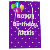 Witte stippen op paarse ballonverjaardag medium cadeauzakje (Voorkant)