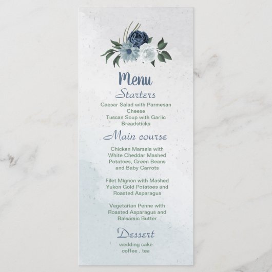 witte stoffige blauwe en marinebloemen groen menu (Voorkant)