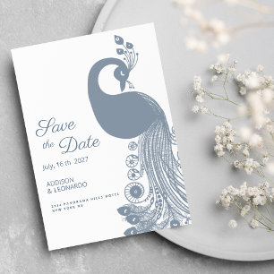 Witte stoffige blauwe pauw elegant Save the Date Kaart