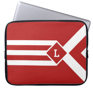 Witte Strepen en Chevrons op Rood met Monogram Laptop Sleeve