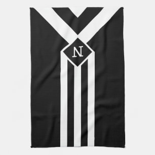 Witte strepen en chevrons op zwart met monogram theedoek