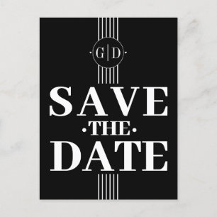 Witte strepen en initialen zwart Save The Date Briefkaart