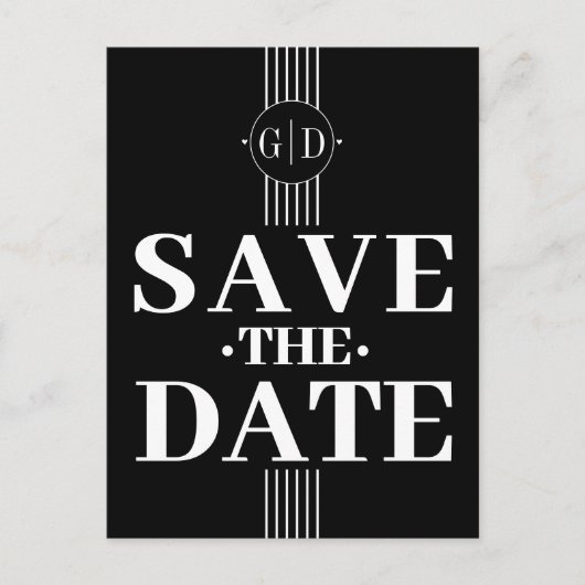 Witte strepen en initialen zwart Save The Date Briefkaart (Voorkant)