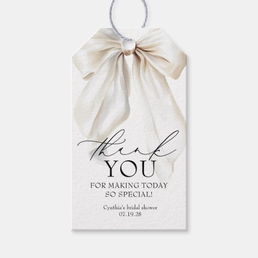 Witte strik favorieten bruidsfeest bedankje cadeaulabel (Voorkant)