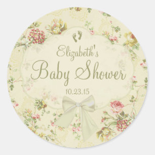 Witte strik met Baby Footprints Floral Baby shower Ronde Sticker