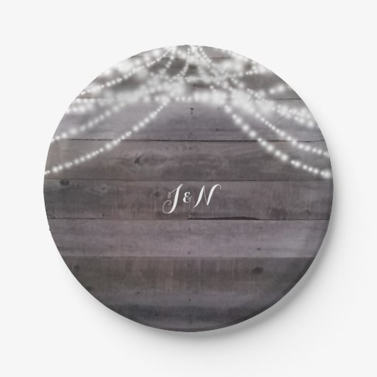 Witte String lichten & Rustiek hout Papieren Bordje (Voorkant)