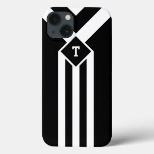 Witte Stripes en Chevrons op zwart met monogram iPhone 13 Hoesje