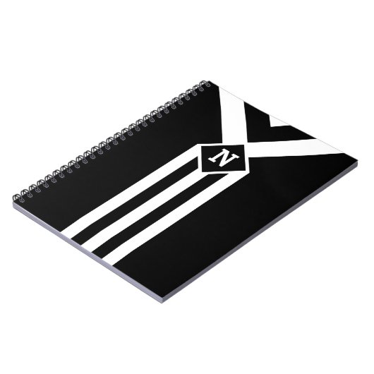 Witte Stripes en Chevrons op zwart met monogram Notitieboek (Linkerzijde)