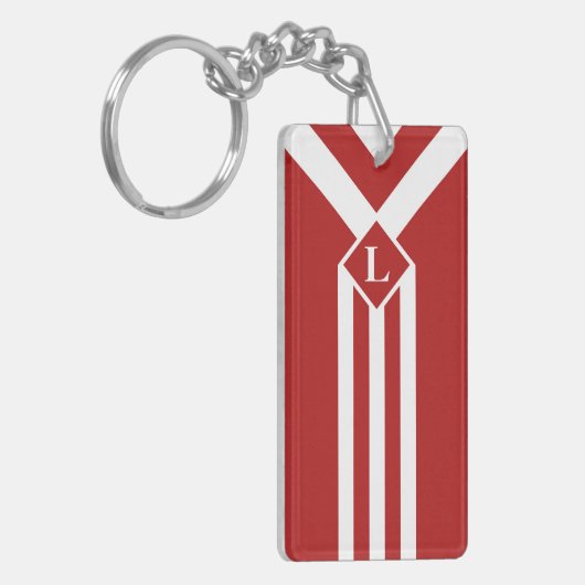 Witte strips en Chevrons op rood met monogram Sleutelhanger (Voorkant Links)