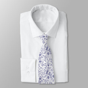 Witte stropdas met elegant blauw bloemmotief
