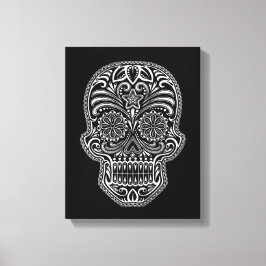 Witte suikerschedel op zwart canvas afdruk
