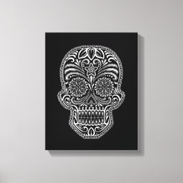 Witte suikerschedel op zwart canvas afdruk