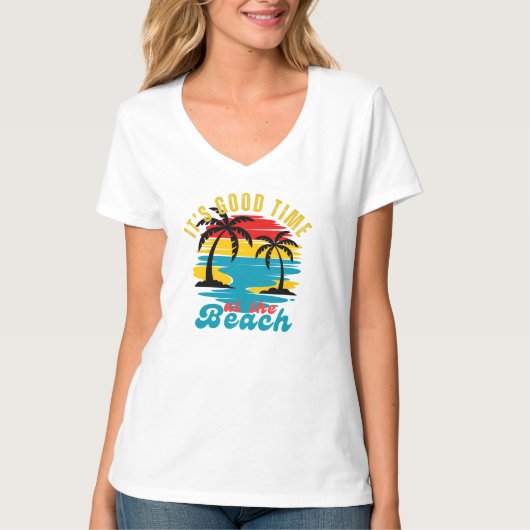 Witte  Sunrise Sunset Natuur Beach V-hals T-shirt (Voorkant)