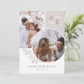 Witte Taupe Groene Overlappende Foto's Save The Date (Staand voorkant)