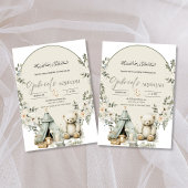 Witte teddybeer en bloemenaqiqah uitnodiging