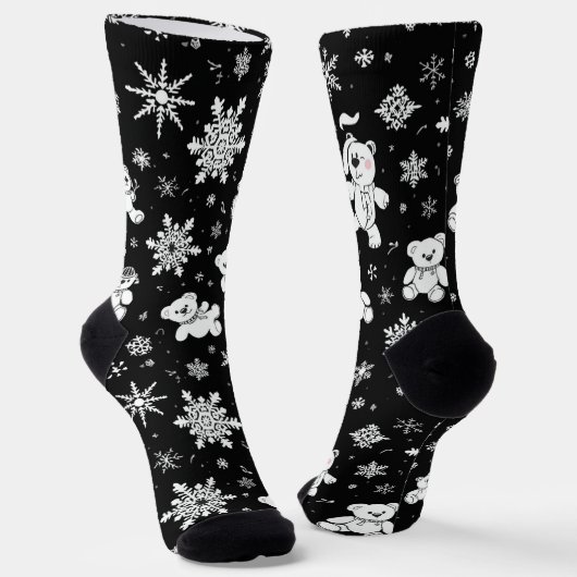 Witte teddybeer en sneeuwvlokken naadloos patroon sokken (Gebogen)