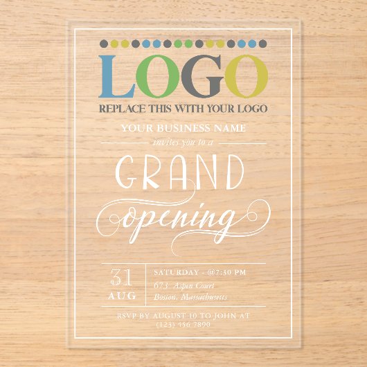 Witte tekst Brede Logo Business Grand Opening Acryl Uitnodigingen (Voorkant)