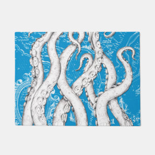 Witte Tentakels Octopus Kaart Blauw Nautisch Deurmat