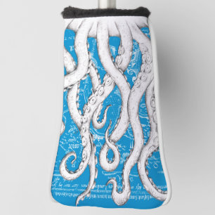Witte Tentakels Octopus Kaart Blauw Nautisch Golfheadcover