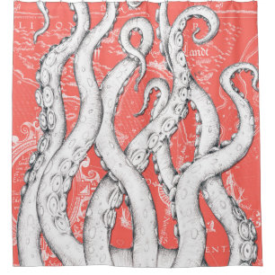 Witte Tentakels Octopus Kaart Koraal Nautisch Douchegordijn