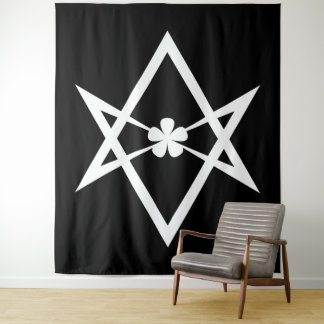 Witte Thelema Solid Unicursal Hexagram op Zwart Wandkleed