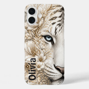 Witte Tijger Bloemkunst met Blauwe Ogen iPhone 16 Plus Hoesje