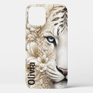Witte Tijger Bloemkunst met Blauwe Ogen iPhone 12 Pro Hoesje