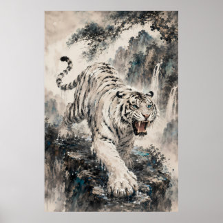 Witte Tijger die Brult op een Bergklif | Chinees I Poster