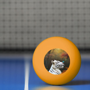 Witte tijger die liefdevolle momenten pingelen pingpongballen