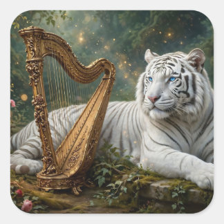 Witte Tijger en Gouden Harp Vierkante Sticker