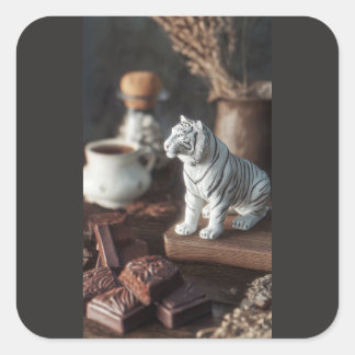 Witte Tijger Figuur – Rustige Chocolade & Koffie  Vierkante Sticker