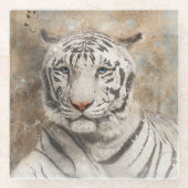 Witte Tijger Gezichtsfotografie Moderne Waterverf Glazen Onderzetter (Voorkant)