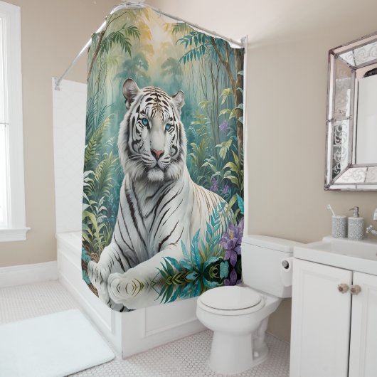 Witte tijger in een blauw groen Oerwoud Douchegordijn (In situ)