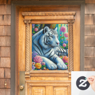 Witte Tijger in het Bos w/Flowers Blauwgroen Roze Raamsticker