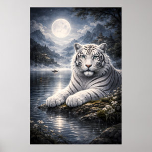 Witte Tijger in maanverlicht berglandschap met mee Poster