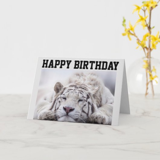 WITTE TIJGER NAP, EET CAKE, VERJAARDAG KAART (Gele Bloem)