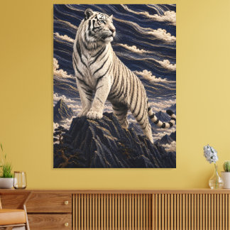 Witte Tijger Onder Geborduurde Wolken – Marineblau Canvas Afdruk