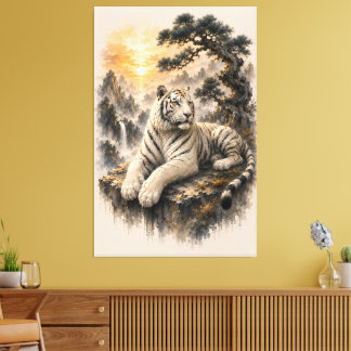 Witte Tijger Onder Oude Pijnboom | Chinese Inkt Wa Canvas Afdruk