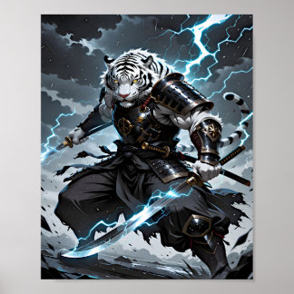 Witte Tijger Samurai Krijger Blauwe Bliksem Fantas Poster