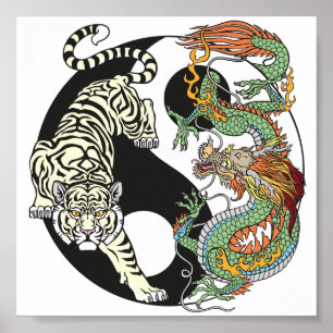Witte tijger versus groene draak in de yin yang poster