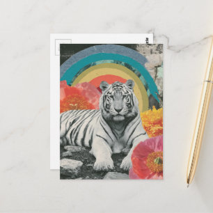 Witte Tijgercollage met Regenboog en Bloemen Briefkaart