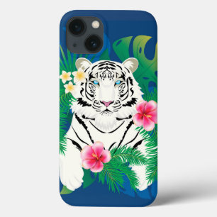 Witte tijgerportret met tropische bladeren iPhone 13 hoesje