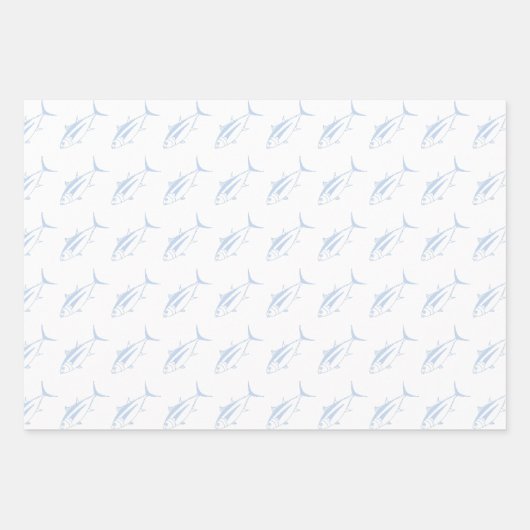 Witte tonijn in pastelblauw op wit in groot inpakpapier vel (Voorkant)