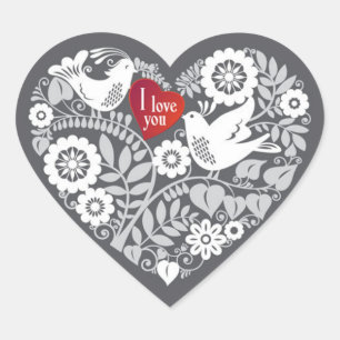 Witte Tortelduifjes met rode en grijze hartenbloem Hart Sticker