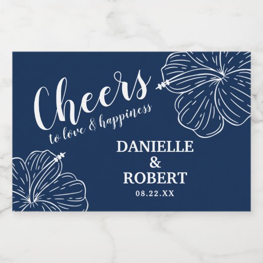 Witte Tropische Bloemen Hibiscus op Marine Mini Sparkling Wijnetiket (Enkel label)