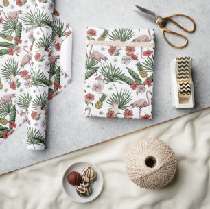 Witte Tropische Flamingo Bloemmotief Cadeaupapier