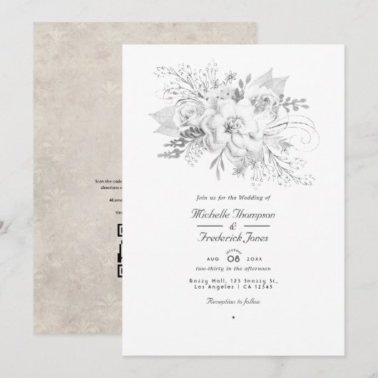 Witte trouw bloemencode QR Code RSVP Kaart (Voorkant / Achterkant)