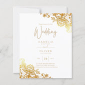 Witte trouwuitnodiging met gouden kantwerk Klassie (Voorkant)
