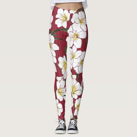 Witte Tuinbloemen:  streep Leggings (Voorkant)