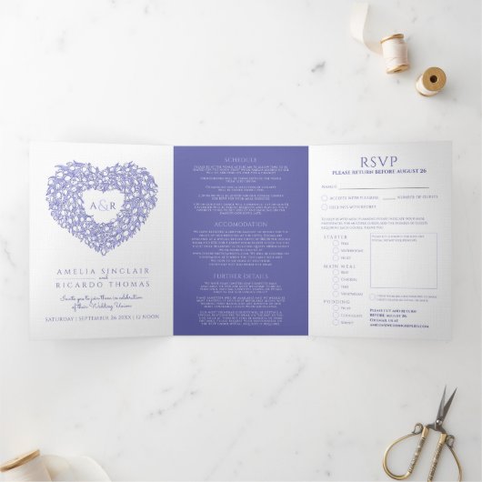 Witte tulp blauw hart monogram bruiloft drieluik uitnodiging (Binnen)